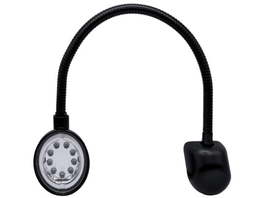 Flexible black gooseneck LED light with a circular LED head on one end and a weighted clamp-style base on the other end.